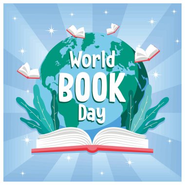 Küreyle açık bir kitap. Kitap okumak hayal gücünü artırır. Kitap Günü konseptin kutlu olsun. Düz vektör illüstrasyonu.