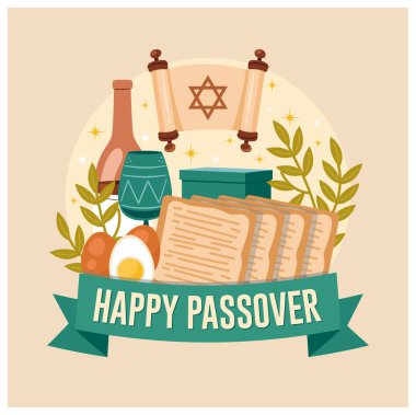 Geleneksel yemekle Paskalya kutlaması. Matzot, şarap ve Paskalya yumurtası. Hamursuz Bayramı konsepti. Düz vektör illüstrasyonu.