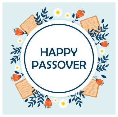 Paskalya tebrik kartı, matza ve bahar çiçekleri. Yahudi bayramı geçmişi. Hamursuz Bayramı konsepti. Düz vektör illüstrasyonu.