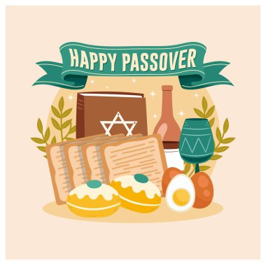 Hamursuz Bayramı matzot, yumurta ve şarapla kutlanır. Hıristiyan dini kutlaması. Hamursuz Bayramı konsepti. Düz vektör illüstrasyonu.