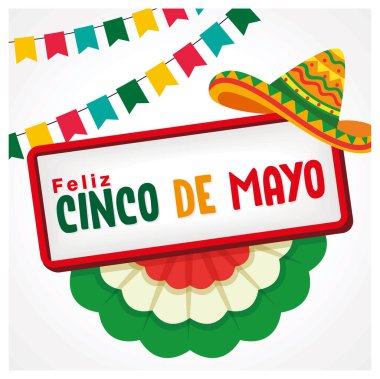 Kağıt bayraklar ve sombrerolarla Cinco de Mayo partisi. Geleneksel Meksika müzik partisi. Cinco de mayonez konsepti. Düz vektör illüstrasyonu.