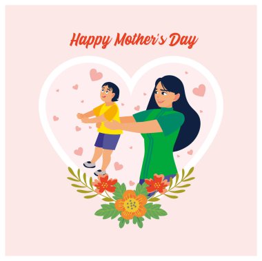 Genç anne bebeğiyle oynuyor. Bir anne bir erkek bebeği kucağına alır. Anneler Günü konsepti. Düz vektör illüstrasyonu.