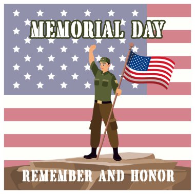 Amerikan bayrağı taşıyan bir asker. Hizmet edenleri onurlandırmak. Anma Günü konsepti. Düz vektör illüstrasyonu.