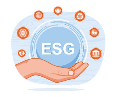 El ele tutuşan ESG simgesi. İşle birlikte çevre ve sosyal yönetim. ESG konsepti. Düz vektör illüstrasyonu.