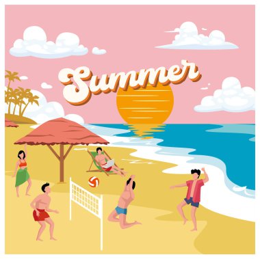 Neşeli bir yaz tatili. Sahilde faaliyet gösteren insanlar. Yaz kavramı. Düz vektör illüstrasyonu.