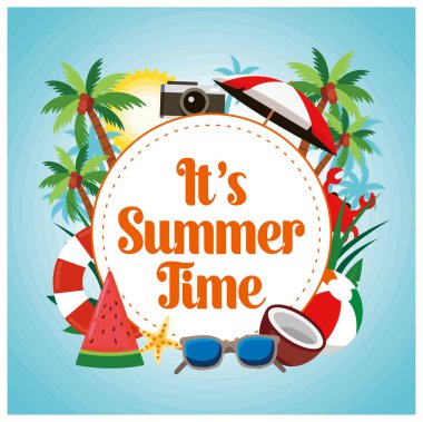 Yazlık metni olan beyaz daire. Renkli yaz elementleri arka planı. Yaz kavramı. Düz vektör illüstrasyonu.