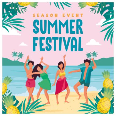 Kız ve erkek sahilde dans ediyor. Plajda yaz festivalini kutluyoruz. Yaz kavramı. Düz vektör illüstrasyonu.