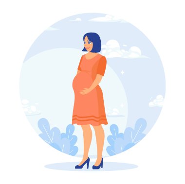 Doğum izninde olan genç bir kadın. Mutlu aile bir bebeğin doğumunu karşılıyor. Aile hayatı aktivite konsepti. Düz vektör illüstrasyonu.