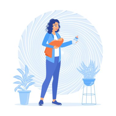 Yeni doğmuş bir bebeği kucağına alıp emziren genç bir anne. Hamilelik ve doğum kavramı. Aile hayatı aktivite konsepti. Düz vektör illüstrasyonu.