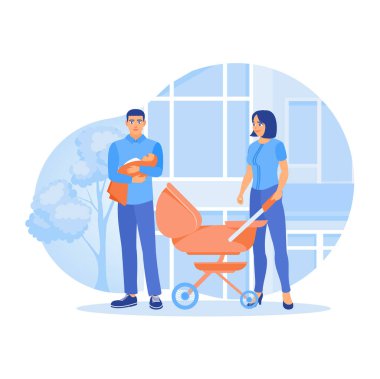 Mutlu bir aile yeni doğan bebeğe bakıyor. Babalık ve annelik izni. Aile hayatı aktivite konsepti. Düz vektör illüstrasyonu.