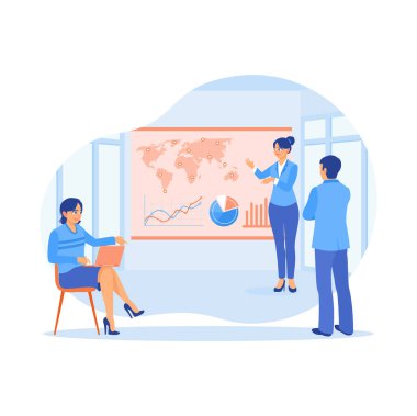 Bir grup meslektaşı yeni bir proje geliştiriyor. Ofis verimliliğini arttır. Proje uygulama konsepti. Düz vektör illüstrasyonu.