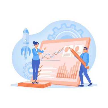 İş adamı ve meslektaşları iş analizi yapıyor. İş akışı süreçlerini geliştir. Proje uygulama konsepti. Düz vektör illüstrasyonu.