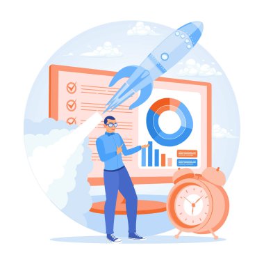 İş adamı iş akışı süreçlerini analiz ediyor. Proje başlatma ve kapatma işlemini başlatın. Proje uygulama konsepti. Düz vektör illüstrasyonu.