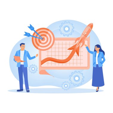 İş adamları ve müşteriler fikir alışverişinde bulunurlar. Pazarlama stratejilerini tartışın. Reklam kampanyası konsepti başlatılıyor. Düz vektör illüstrasyonu.