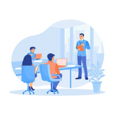 Müdür, müşteriyle toplantı odasında buluşur. Pazarlama stratejilerini tartışın. Reklam kampanyası konsepti başlatılıyor. Düz vektör illüstrasyonu.