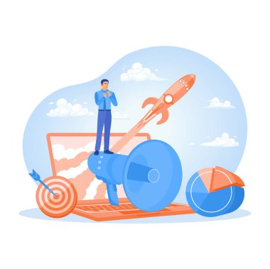 Girişimciler pazarlama stratejilerini geliştirirler. Müşterilere promosyon sağlayın. Reklam kampanyası konsepti başlatılıyor. Düz vektör illüstrasyonu.