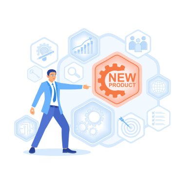 İş adamı ekranda yeni bir ürün sunuyor. İnsan iş stratejisi geliştirir. Konsepti başlatma zamanı. Düz vektör illüstrasyonu.