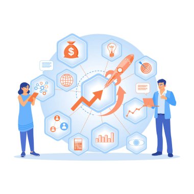 İş adamları ve meslektaşları bilgi verilerini analiz ediyorlar. İşadamı yeni bir proje başlatıyor. Konsepti başlatma zamanı. Düz vektör illüstrasyonu.