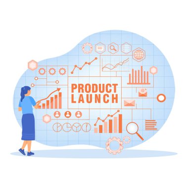 Ürün tanıtımı yapan kadın. Girişimci iş stratejisi geliştirir. Konsepti başlatma zamanı. Düz vektör illüstrasyonu.