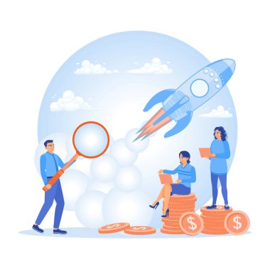 Bazı meslektaşlar yeni bir iş projesine başlıyorlar. Planlama stratejileri ve zaman yönetimi. Konsepti başlatma zamanı. Düz vektör illüstrasyonu.