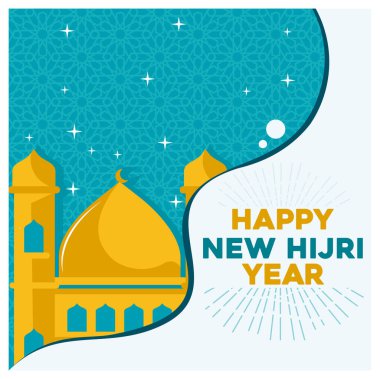 Ay ve yıldızlı bir cami. Müslümanlar İslami Yeni Yıl arifesini kutluyor. Mutlu yıllar konsepti. Düz vektör illüstrasyonu.