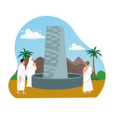 Müslümanlar hacca gitti. Hacc-ı Haramı ziyaretçileri Arafat 'ta namaz kılarlar. İslam Hac konsepti. Düz vektör illüstrasyonu.