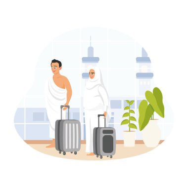 Müslümanlar Mekke havaalanına varır. Müslüman bir çift bavullarını taşırken ihram giysileri giyiyor. İslam Hac konsepti. Düz vektör illüstrasyonu.