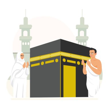 Hac ibadeti, inananlar için farzedilmiştir. Kabe 'nin önünde dua eden Müslüman bir çift. İslam Hac konsepti. Düz vektör illüstrasyonu.