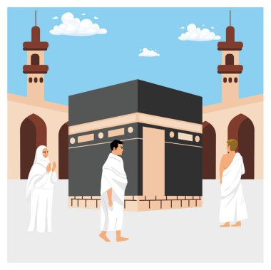 Haccın bir kısmı ise, hacca kadar umreden yararlanmak içindir. Hacılar Kabe 'yi yedi kez dolaşır. İslam Hac konsepti. Düz vektör illüstrasyonu.