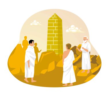 Hacca gelenlerin bir kısmı da wukuf 'tur. Hacca gelenlere gelince, Arafat 'ta namaz kılın, zekat verin. İslam Hac konsepti. Düz vektör illüstrasyonu.