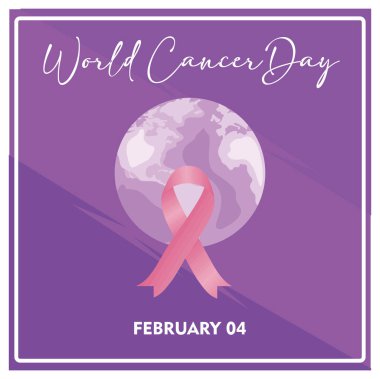 Mor arka planda kanser farkındalığı kurdelesi. Kanser koruma konsepti. Dünya Kanser Günü konsepti. Düz vektör illüstrasyonu.