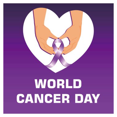 Eller kalp şeklini alır ve farkındalık şeridini tutar. Mor arka plan. Dünya Kanser Günü konsepti. Düz vektör illüstrasyonu.