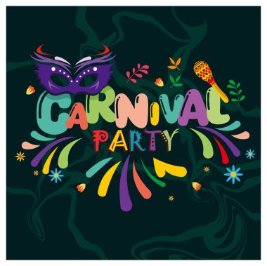 Geleneksel Brezilya karnavalı. Marakas ve tüy maskeli Samba müzik festivali. Karnaval partisi konsepti. Düz vektör illüstrasyonu.