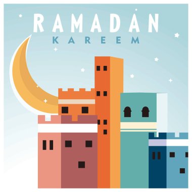 Pastel renklerde Arapça antik şehir deseni. Güzel bir hilal arka planı. Ramazan konsepti. Düz vektör illüstrasyonu.