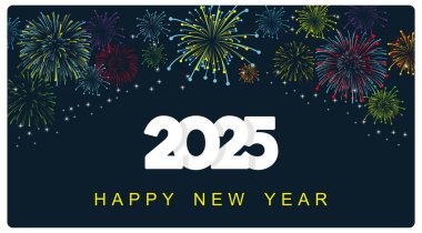Yeni yıl arifesinde canlı bir havai fişek gösterisi. Yeni başlangıçlara hoş geldin demek için mutlu yıllar. Mutlu yıllar 2025 konsepti. Düz vektör illüstrasyonu.