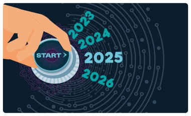 2023-2026 yılları arasında parmak döndürme düğmesi. Gelecekteki teknolojik gelişmeler ve yenilikler. Mutlu yıllar 2025 konsepti. Düz vektör illüstrasyonu.