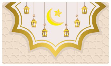 Asılı fenerleri ve hilal şeklinde bir ayı olan zarif bir İslami tasarım. Mutlu İslami Yeni Yıl tebrik kartları için uygun. Mutlu yıllar konsepti. Düz vektör illüstrasyonu.