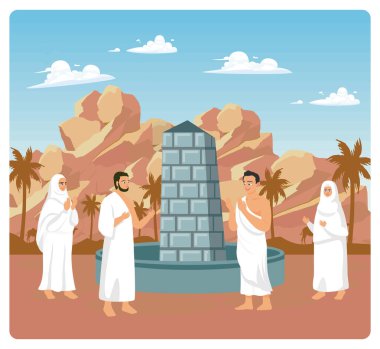 Hac ibadeti, hac ibadeti için hazırlanmıştır. Hurma ağaçları ve berrak gökyüzü ile çöl manzarası. İslam Hac konsepti. Düz vektör illüstrasyonu.