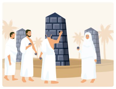 Hacca giderken giysi giyen hacılar şeytana taş atma ayinini gerçekleştiriyorlar. Hac zamanındaki dini törenleri sembolize eder. İslami Hac konsepti Düz vektör çizimi.