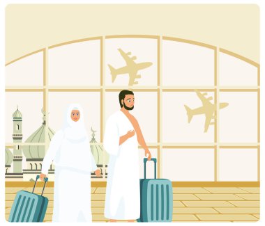 Havalimanında iki hacı, Hac için hazırlanıyor. Geleneksel kıyafetler giyiyorlar ve bavul taşıyorlar. İslam Hac konsepti. Düz vektör illüstrasyonu.