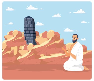 Hacca gelenlere, hac elbisesi giydirin. Gökyüzünün altındaki Arafah Dağı 'nda dua et. İslam Hac konsepti. Düz vektör illüstrasyonu.