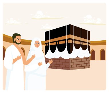 Two Hajj pilgrims worship in front of the Kaaba in Mecca, Saudi Arabia. They wear ihram clothing which symbolizes devotion and spirituality. Islamic Hajj Pilgrimage concept. Flat vector illustration. clipart