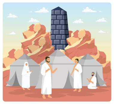 İhram giysileri giyen hacılar çadırlarda dinleniyor. Arafah Dağı arka planı. İslam Hac konsepti. Düz vektör illüstrasyonu.