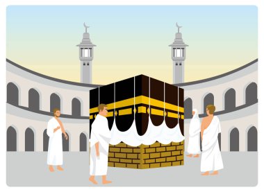 Hajj pilgrims in ihram clothes perform tawaf. Walk around the Kaaba seven times. Islamic Hajj Pilgrimage concept. Flat vector illustration. clipart