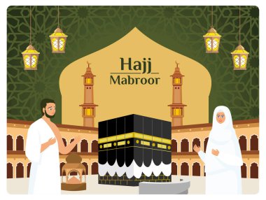 Hac, Kabe 'nin yanında durmaktadır. Fenerler ve dekoratif desenlerle çevrili. İslami Hac kavramı. Düz vektör illüstrasyonu.