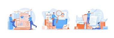 Adam verileri bilgisayarda işliyor. İş adamı verileri analiz ediyor. Dijital gizlilik verilerini bir veritabanında sakla ve sakla. Veri Yönetimi Konsepti. Düz vektör resimlemesini ayarla.