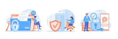 İnsanlar elektronik cihazlardan güvenlik hizmetlerine erişiyor. Veri gizliliğini koruyun ve koruyun. Kadın dosyaları sunucuya kaydediyor. Düz vektör resimlemesini ayarla.