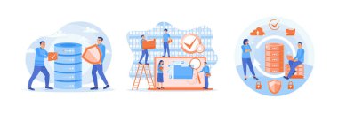 Çevrimiçi veri depolama servisi güvenli. Dosyaları düzenli bir şekilde yönet. İnsanlar bulut bilgisayarına bağlı sunucularda dosya depoluyorlar. Veritabanı kavramı. Düz vektör resimlemesini ayarla.