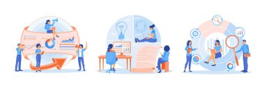 Finans ekibi bilgi verilerini inceliyor. Finansal verileri analiz et. Sunumlar için raporlar oluştur. Veri Analizi Kavramı. Düz vektör resimlemesini ayarla.