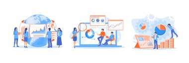 Yöneticiler ve finans ekipleri istatistiksel verileri inceler. Verileri analiz et. Satış ve işletme yönetim raporları oluşturun. Veri Analizi Kavramı. Düz vektör resimlemesini ayarla.